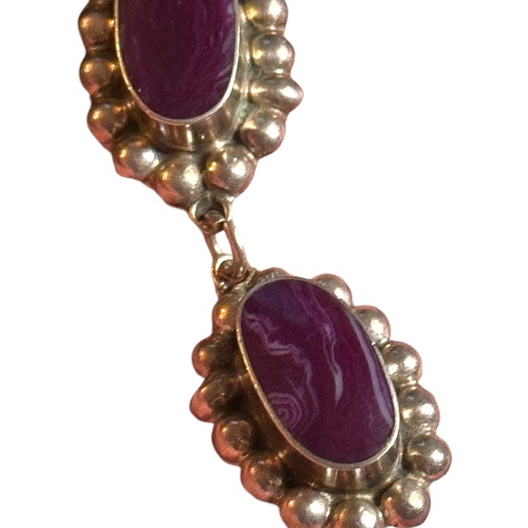 Taxco artisan sterling 925 Elegant Purple Stone Drop CLIP on Earrings - Picture 6 of 7